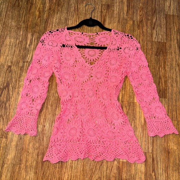 Tops - Vintage Y2K Pink Crochet Knit Top Floral Boho Bell Sleeve Festival Blouse
